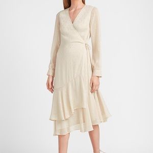 Express Metallic Clip Dot Ruffle Hem Wrap Midi Dress